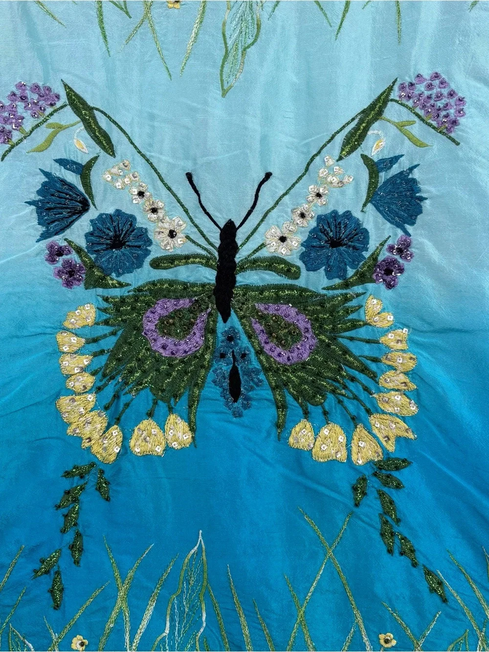 Anage 100% Silk Artsy Turquoise Ombré Beaded Embroidered Butterfly Jacket Size M